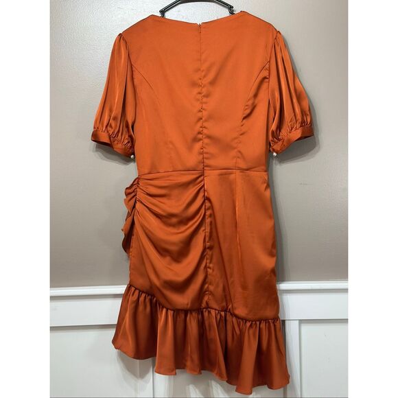 NWOT Mac Duggal Short Wrap Puff Sleeve Burnt Orange Dress Style #26928 Size 8US - Picture 11 of 12